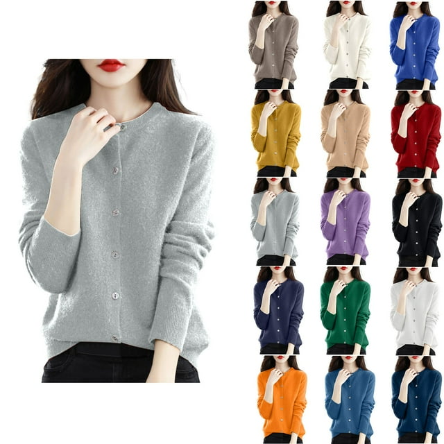 Yuyuzo Cardigans for Women Button down Classic Solid Long Sleeve Round Neck Knitted Cardigan Sweaters