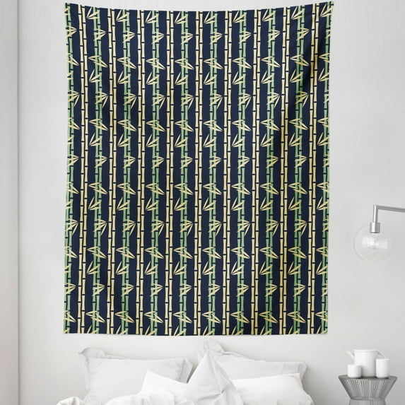 Asian Tapestry, Bamboo Stalks Japanese Forest Foliage Orderly Repeated Pattern of Artwork, Fabric Wall Hanging Decor for Bedroom Living Room Dorm, 5 Sizes, Dark Blue and Beige, by Ambesonne