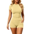 thumbnail image 2 of Besolor Short Sets for Women Summer 2 Piece Stretch Slim Crewneck Short Sleeve Tops with Shorts Comfy Gym Yoga Athletic Set(X-Large,Yellow), 2 of 5