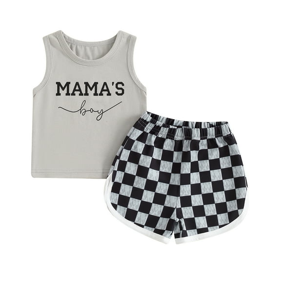 Aojekbee Toddler Boys Summer Outfits Letter Print Sleeveless Tank Tops Elastic Waist Checkerboard Shorts 2Pcs Clothes Set