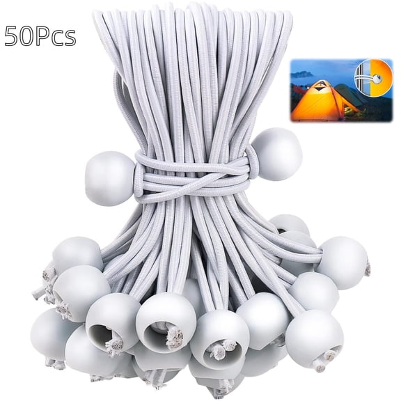 Heavy-Duty Ball Bungees, All-Weather Tarp Tie Downs for Camping and Cargo, 50 Pcs 6 Inch White Bungee Cords
