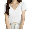 thumbnail image 1 of Timegard Crop Tops for Women V Neck Short Sleeve Irregularly Solid Color Casual Fitting Tee Fashion, 1 of 3