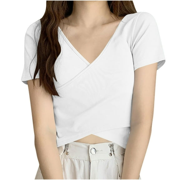 Blouses For Women, Women's Summer Crop Tops Casual Slim Solid Color V Neck Blouses Basic Short Sleeve Y2K 2026 Going Out Trendy Outfit