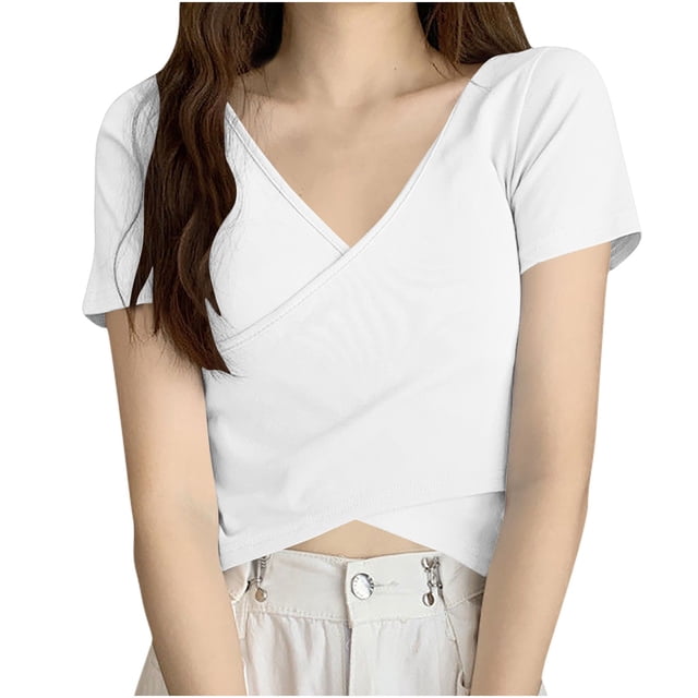 Timegard Crop Tops for Women V Neck Short Sleeve Irregularly Solid Color Casual Fitting Tee Fashion