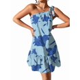 thumbnail image 3 of Women'S One Shoulder Leaf Print Self-Tie Short Dress Sleeveless Tiered Hem Formal Dress Blue L, 3 of 9