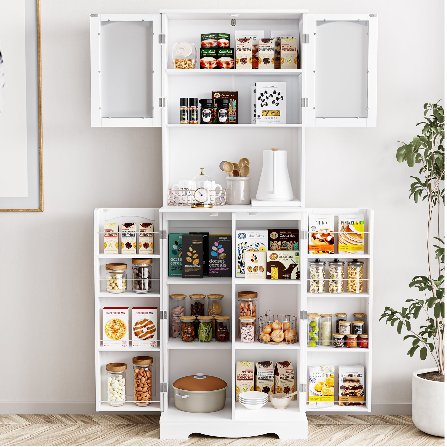 Homfa 4 Doors Farmhouse Storage Cabinet with Microwave Countertop, 71'' Kitchen Pantry Cabinet with Adjustable Shelves, White