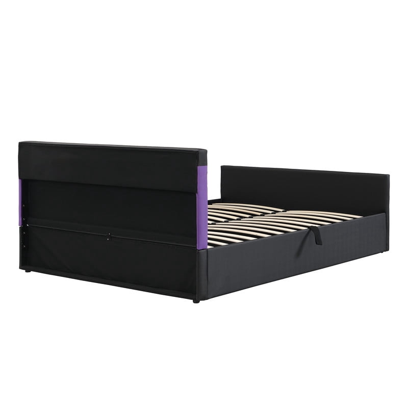 Queen Size Cyberpunk Style Low Profile Bed with LED Lighting Headboard, Hydraulic Storage Platform Bed Frame for Kids/Teens/Adults