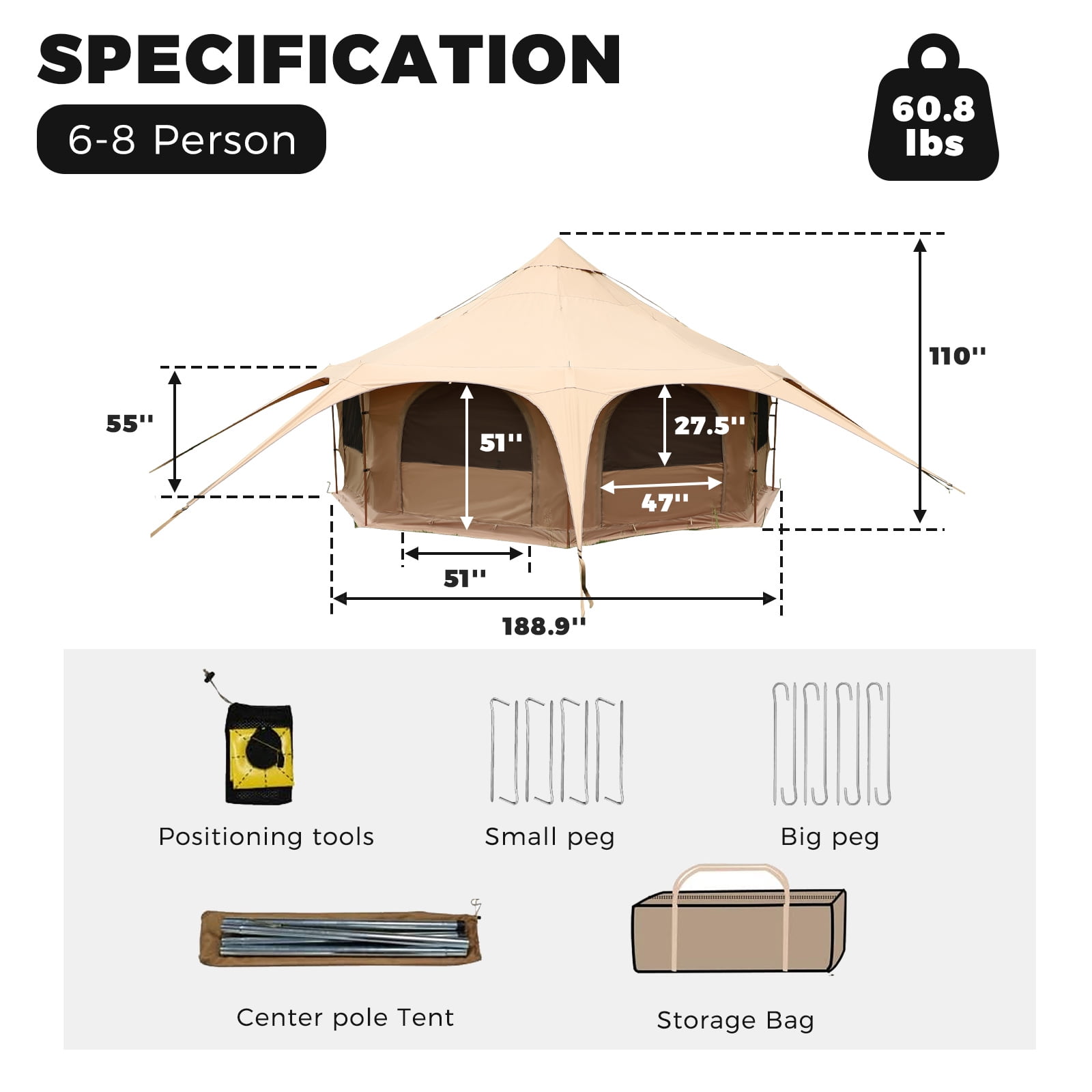 5M Cotton Canvas Bell Yurt Shelter with Stove Jack, 4-Season Glamping Tent for Year-Round Camping and Outdoor Living, Khaki