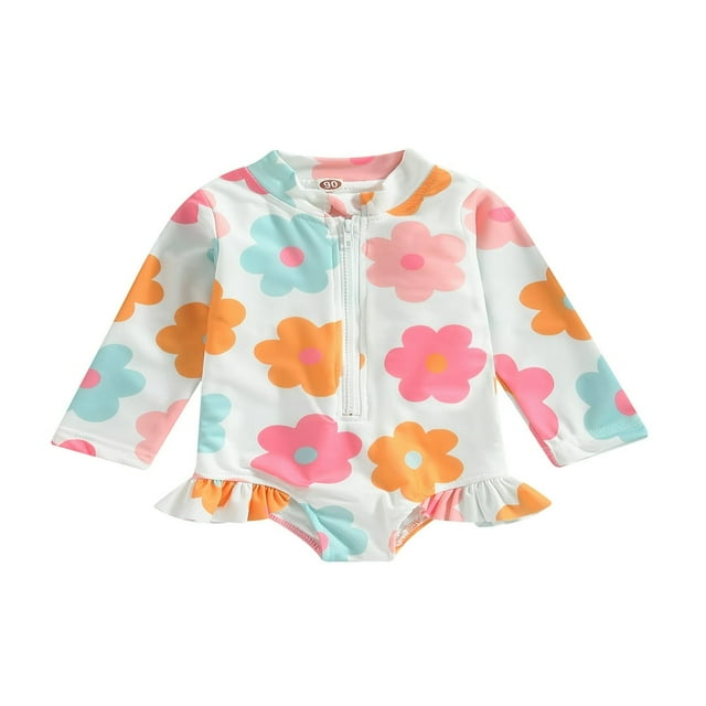 QJUHUNG Kid Baby Girls One Piece Swimsuit Long Sleeve Zipper Swimwear Ruffle Rashguard Bathing Suits Beachwear