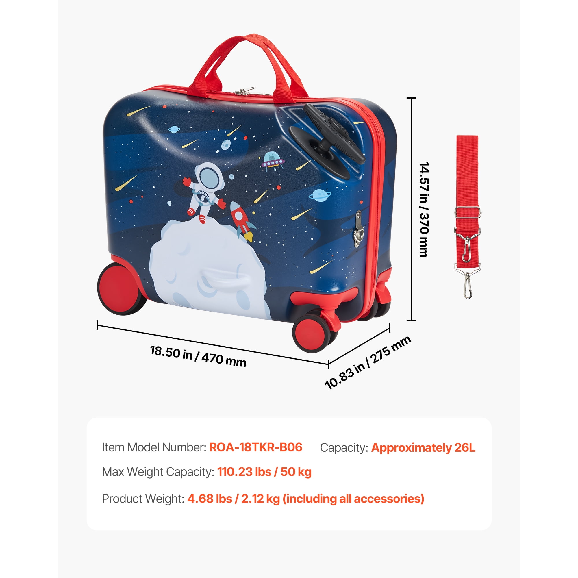 KFFKFF Ride-on Luggage, 26 L Capacity, 18-Inch Toddler Carry-On with Wheels, Adjustable Strap, Lightweight Kids Suitcase for Ages 3+, Blue & White