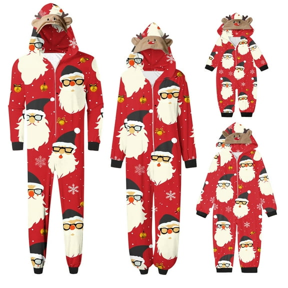 Wyobmus Christmas Matching Pajamas Onesie for Family Santa Claus Long Sleeve Onesie Sleepwear Zipper Hoodied Jumpsuit for Mom