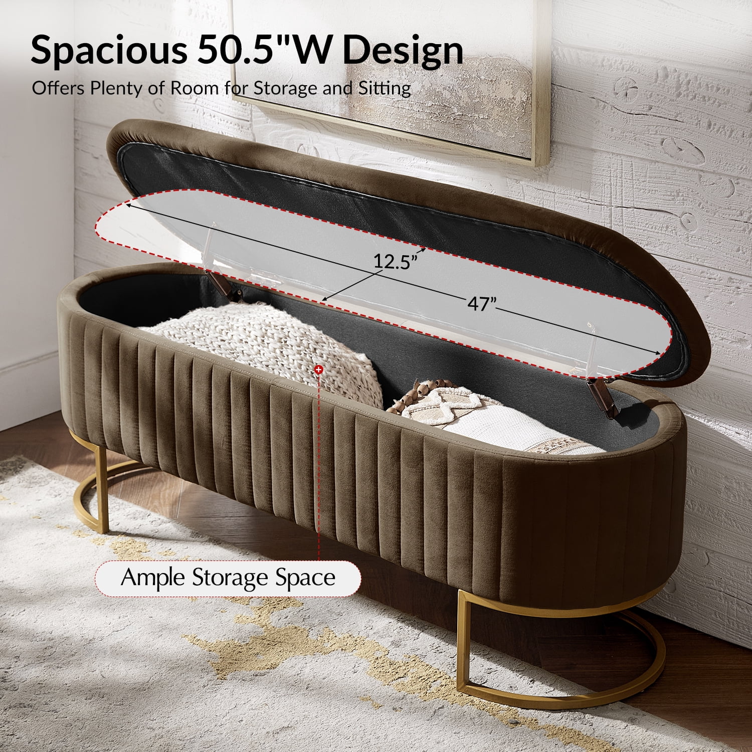 50.5" Upholstered Storage Bench For End of Bed Entryway Bedroom Ottoman Brown