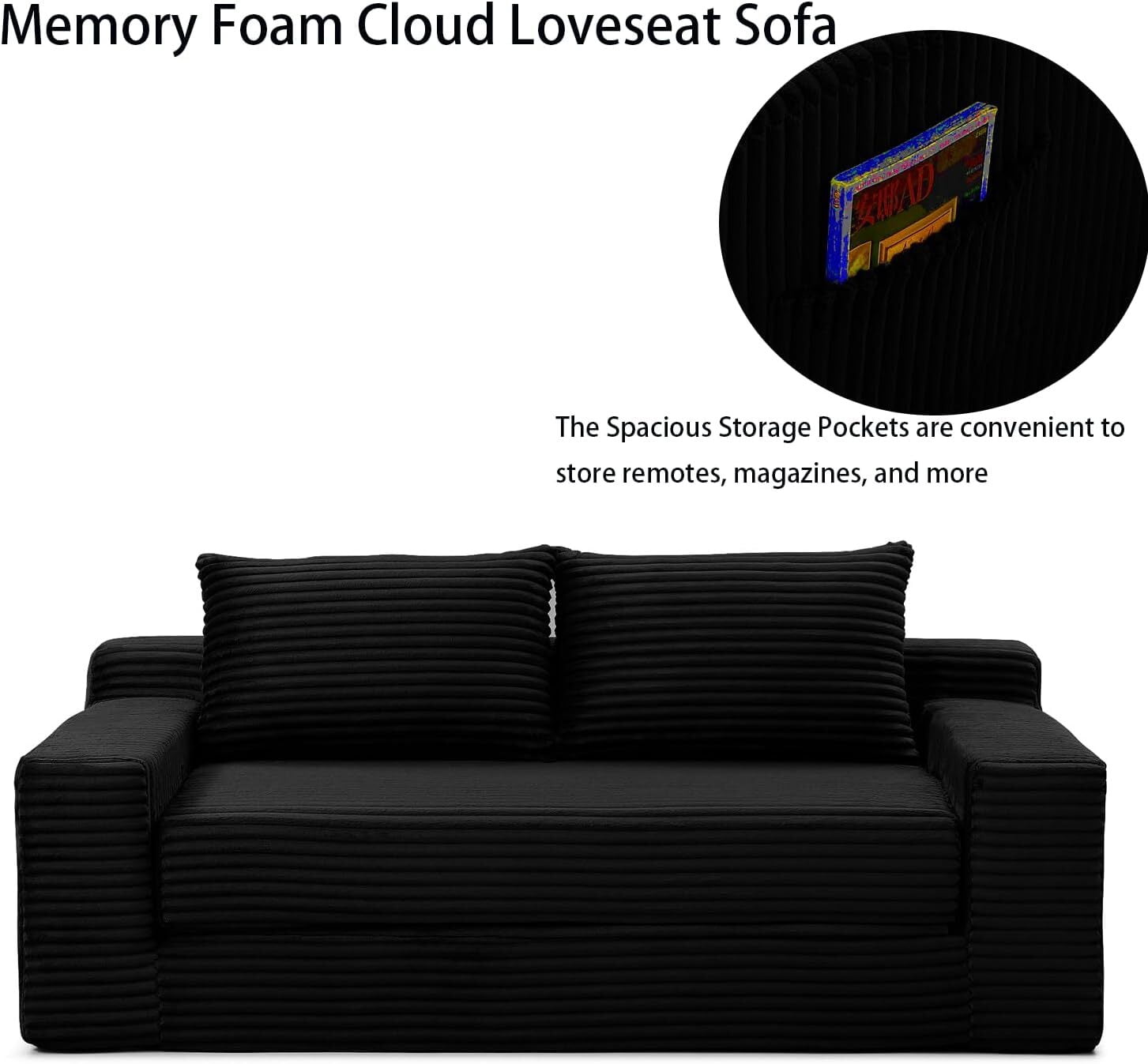 Howcool 73" Boneless Loveseat Sleeper Sofa,2 in 1 Pull Out Convertible Corduroy Floor Couch with Side Storage Pockets & 2 Throw Pillows,Foldable Guest Couch for Living Room,No Assembly Required,Black