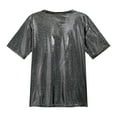 thumbnail image 6 of YONGHS Women's Short Sleeve Shiny Metallic T Shirt Tank Tops Holographic Rave Festival Party Blouse Dark Grey M, 6 of 7