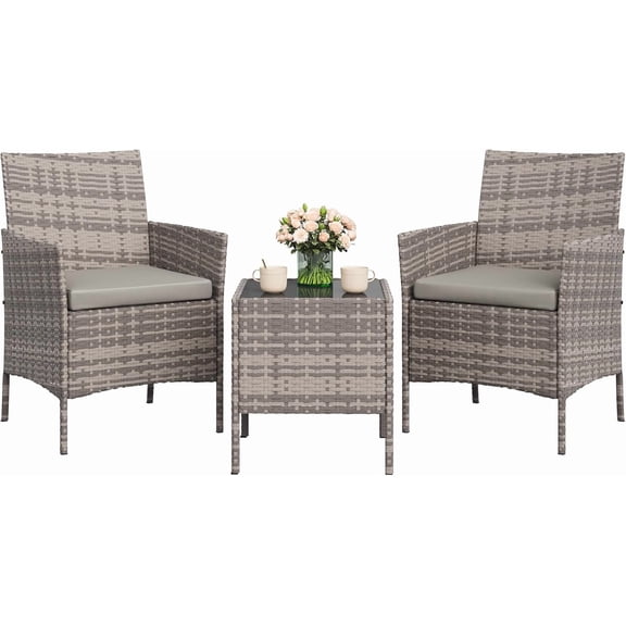 3-Piece Patio Furniture Set, Modern PE Rattan Conversation Set with 2 Chairs & Tempered Glass Coffee Table, All-Weather Outdoor Seating for Garden, Porch, Balcony, Poolside, Grey/Light Grey