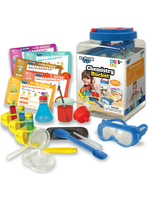 Dr. STEM Toys - Kids First Chemistry Set Science Kit - 28 Pieces Includes Ten Experiments, Goggles, Test Tubes, All in a Storage Bucket
