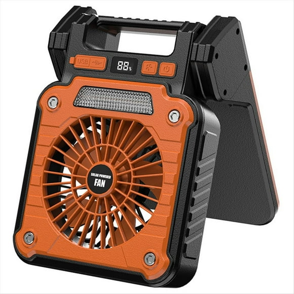 Ventilador Eléctrico Solar de 20000 MAh con Luces LED para Tiendas de Campaña, para Acampar en Coche y Carga USB y Solar para Senderismo y Pesca, Color Naranja.