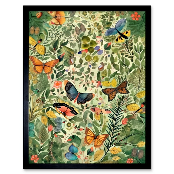 Butterflies Flying in Spring Field Modern Folk Art Art Print Framed Poster Wall Decor 12x16 inch