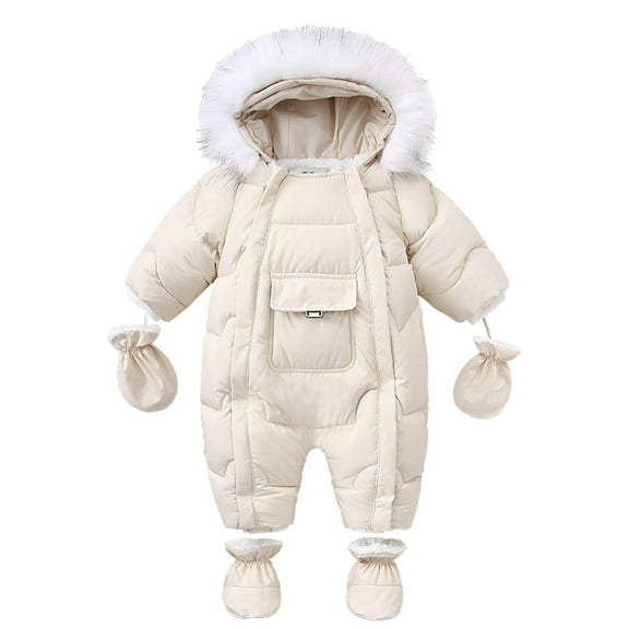 Edvintorg 6-24Months Cute Baby Boys Snowsuit Newborn Baby Girls Winter Coat Toddler Clothes Fashion Solid Color Thickening Keep Warm Outdoor Jumpsuit Gloves Foot Cover Set