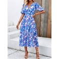 thumbnail image 4 of Women Sundress Summer Floral Short Sleeve Wrap V Neck A-Line Midi Dress Blue M, 4 of 9