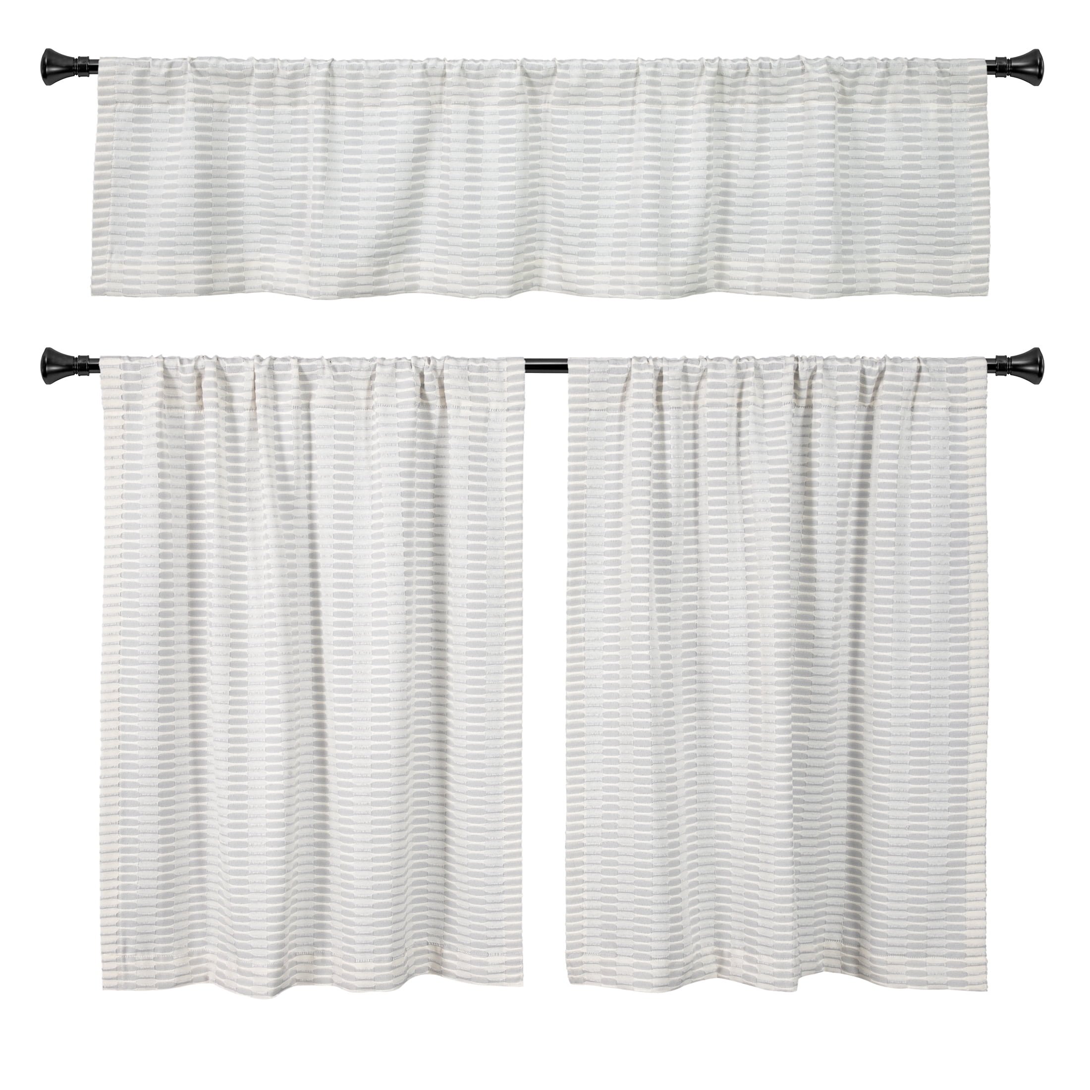 (2 pack) Better Homes & Gardens Ladder Stripe Kitchen Curtain Tiers and Valance, 3-Piece Set, Gray, 60" W x 36" L