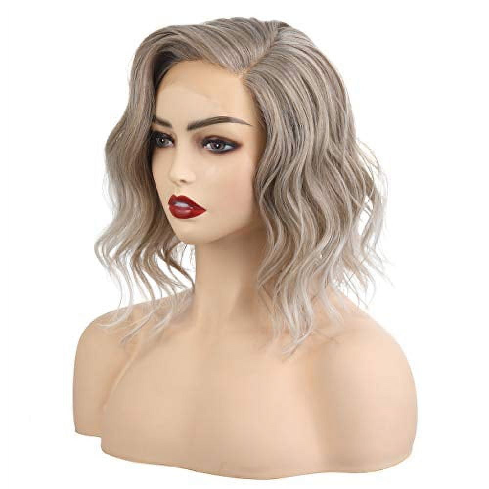 Onedor Side Part Platinum Blonde Brown Ombre Lace Front Short Wavy Hair Bob Wigs for Womens