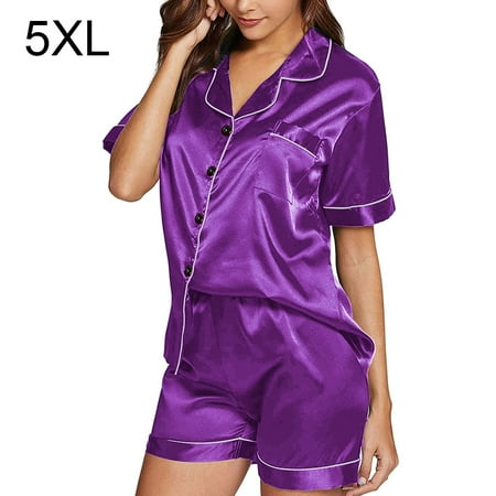 

Elenxs Women Buttons Down Front Lapel Neck Sleeve Pajama Suit Sleepwear Short