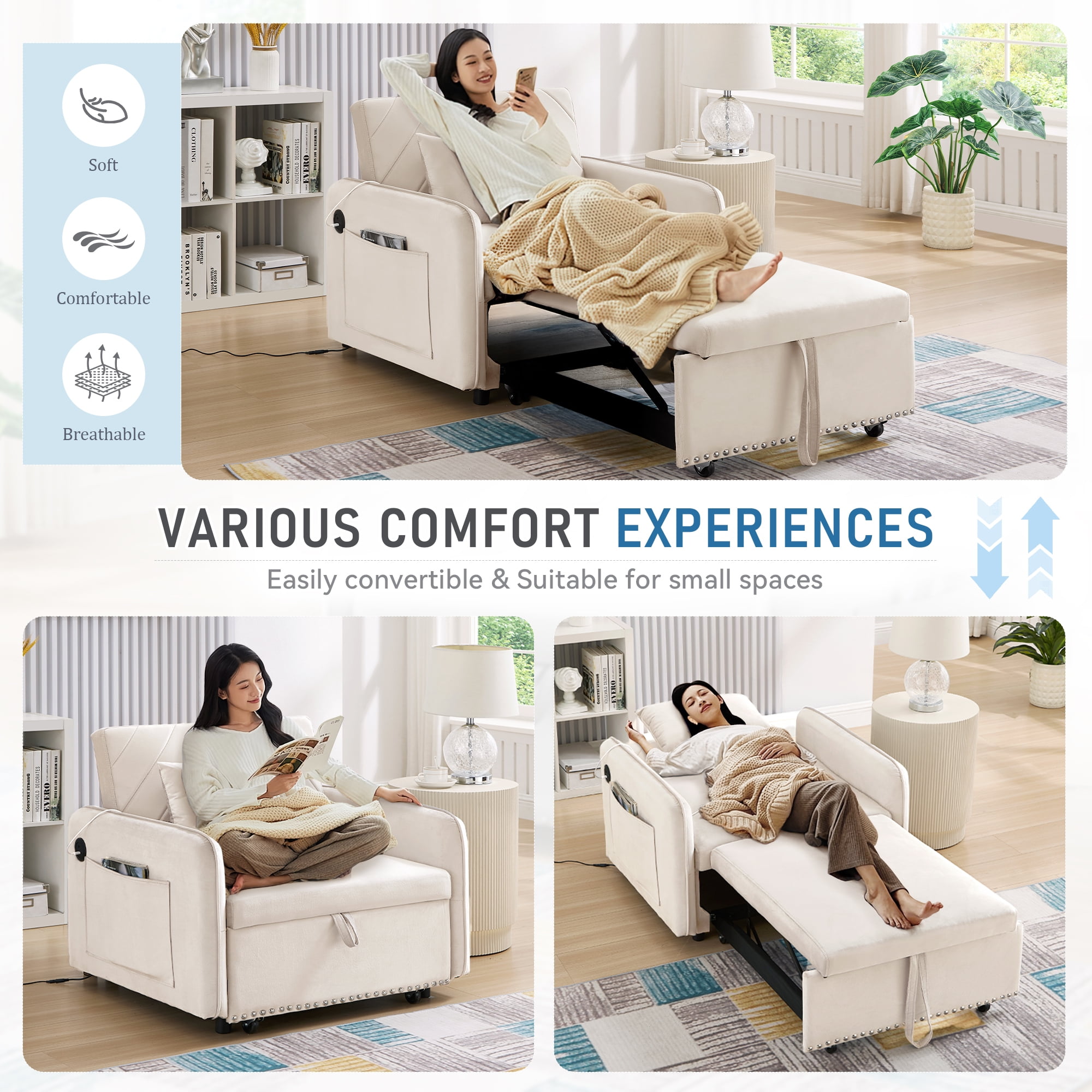 Lunale 3-in-1 Convertible Sleeper Chair Bed, Indoor Lounge Chair with USB/Type-C, Beige Velvet