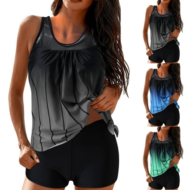 UPPADA Maillots de Bain 2 Pcs à Couverture Complète pour Femmes, Floral, Athlétique, Col Ras du Cou, Maillots de Bain Taille Haute, Contrôle du Ventre, Maillot de Bain Modeste, Haut de Tankini Confortable avec Short, Tankini pour Femmes à Forte Poitrine, Gris, TG