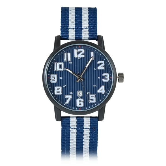 George Men's Black Round Watch Case with Eazy Read Dial, Date Feature & Navy Pinstripe Nylon Strap. 44MM