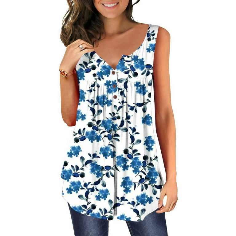 Olyvenn Women's Summer Tunic Hide Belly Tank Shirts Pleated Flowy Double  Layers Blouse Strap Body Suits 2023 Trendy Sleeveless Tops Retro Floral  Graphic Cami Buttons Henley Shirts Light Blue 4 