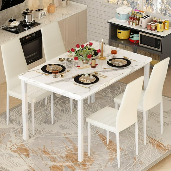 DKLGG Dining Table Set for 4, 5 Piece Kitchen Table Set with PU Leather Chairs Space-Saving Faux Marble Dining Room Table Set for 4 for Small Home Kitchen, Apartment