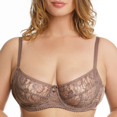 Underwire Sheer Lace Bra Plus Size Lingerie Comfort Fit 32 34 36 38 40 42 B C D E F G H I ( 36E/DD  Cocoa)