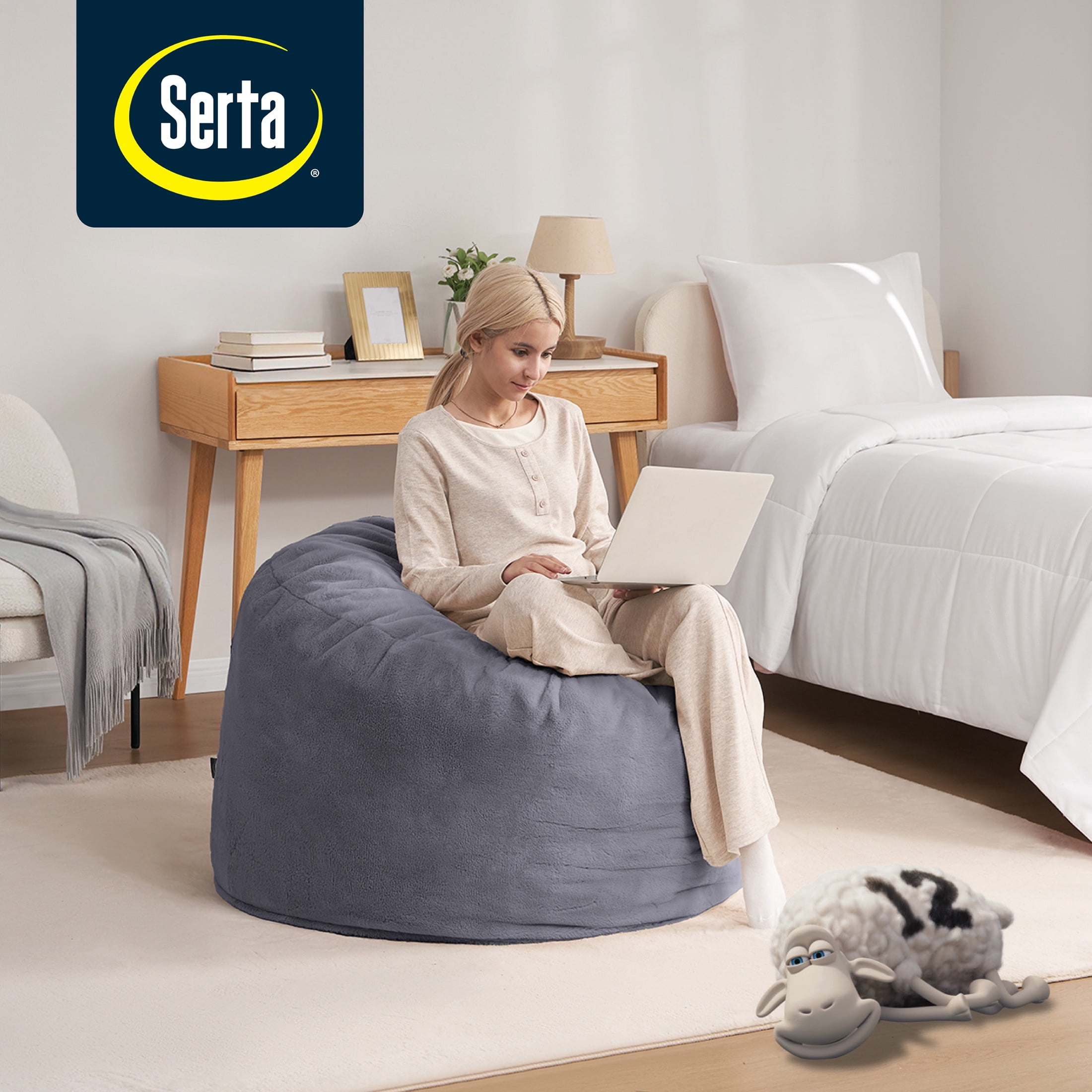 Serta Big Round Lounger Foam Filled Bean Bag Chair, Gray, Plush Faux Fur, Oversized Round Floor Seat, 36” Diameter