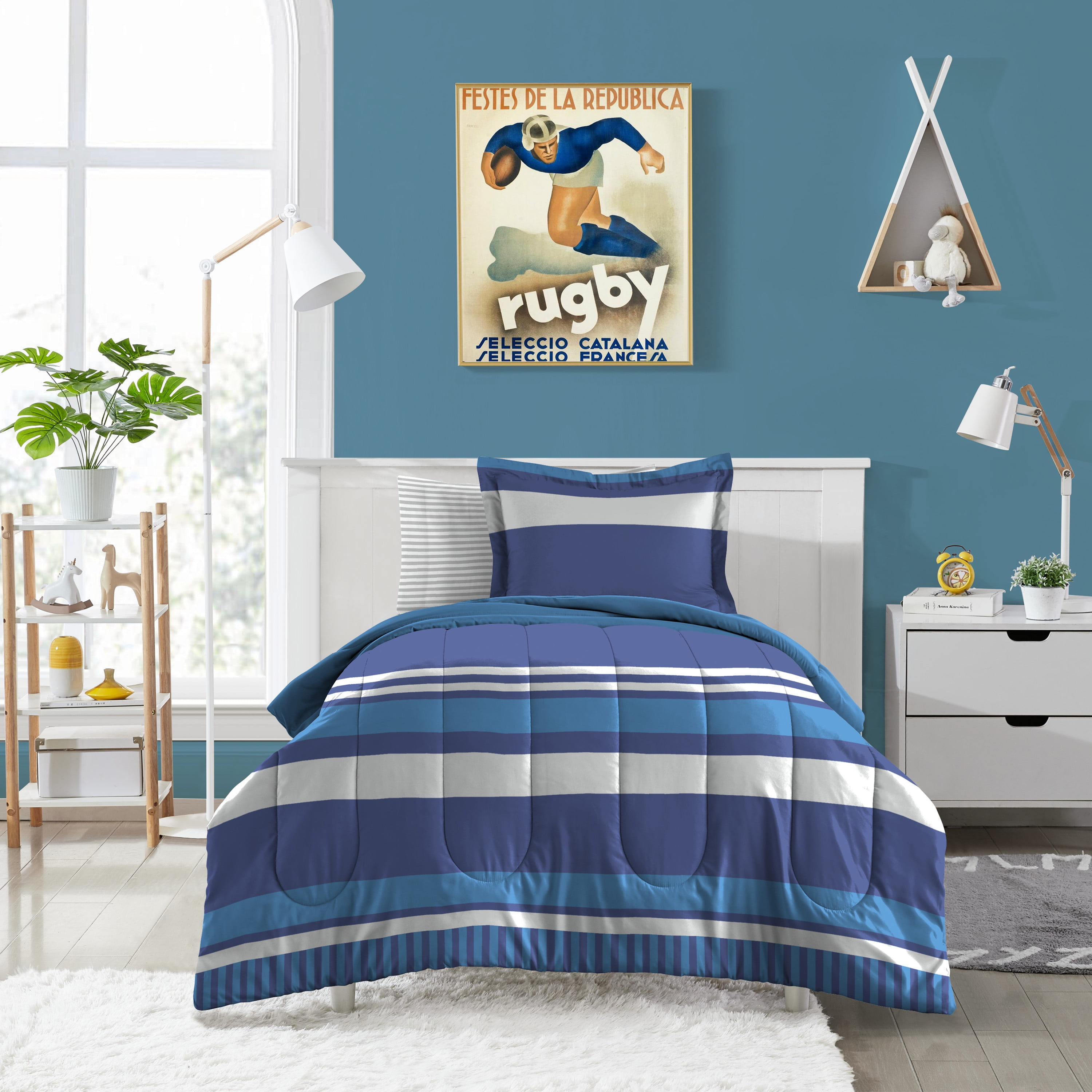 Dream Factory Rugby Stripe Full 7 Piece Comforter Set, Polyester, Microfiber, Blue, Child, Unisex