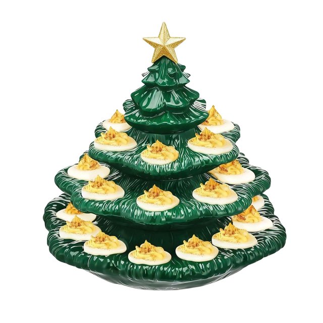 RKSTN A Tray Home Essentials Devil Egg Resin Christmas Tree Christmas Tree Devil Egg Platter. A green ceramic Christmas tree-shaped platter with a glossy finish, designed to hold up to 24 deviled eggs securely. The tree features tiered branches with deviled eggs placed on each level and is topped with a gold star. Ideal for festive holiday gatherings, this reusable platter combines decorative appeal with functionality. Easy to clean and suitable for handwashing or dishwasher use.
