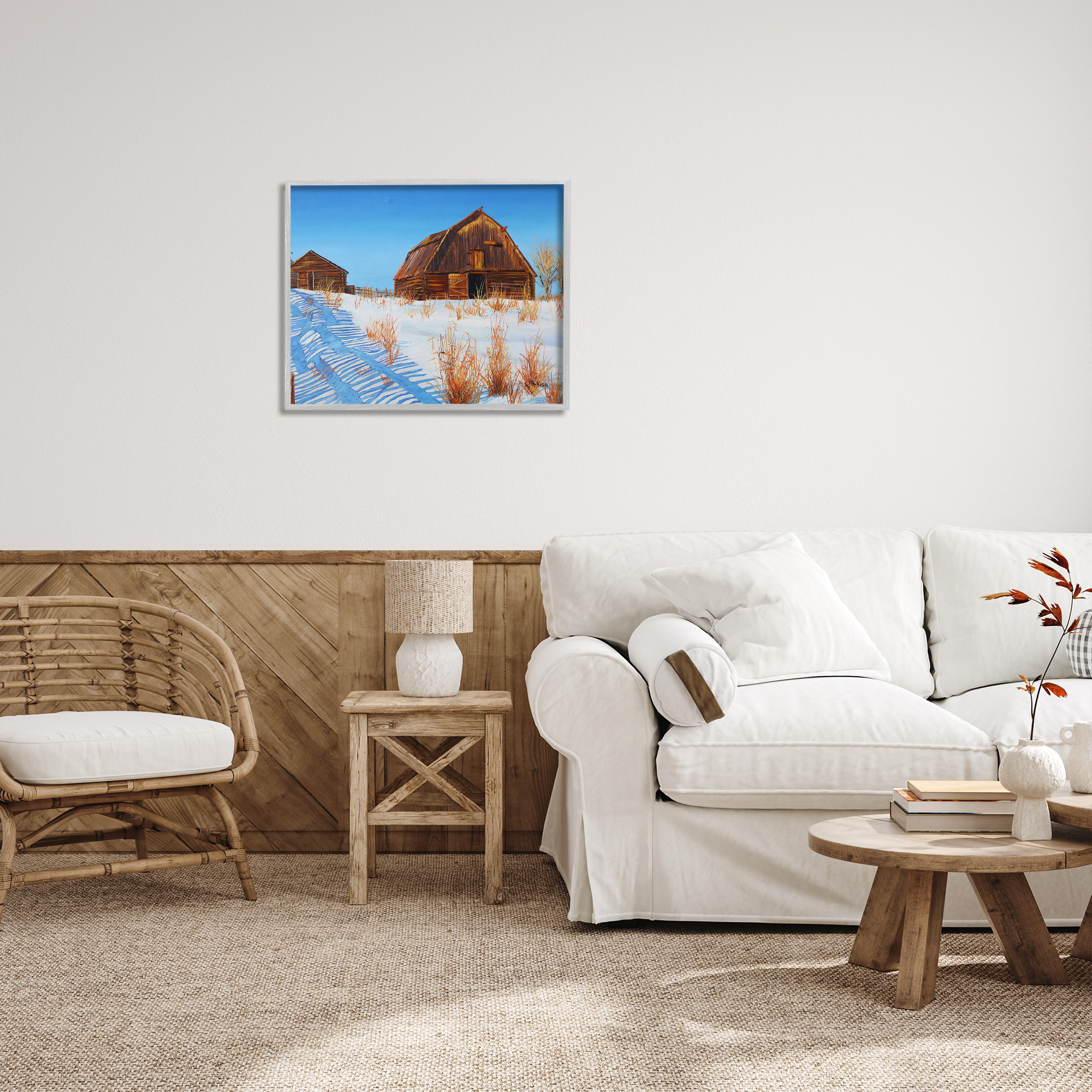Stupell Industries Winter Country Barn Landscape Painting Gray Framed Art Print Wall Art, 30 x 24