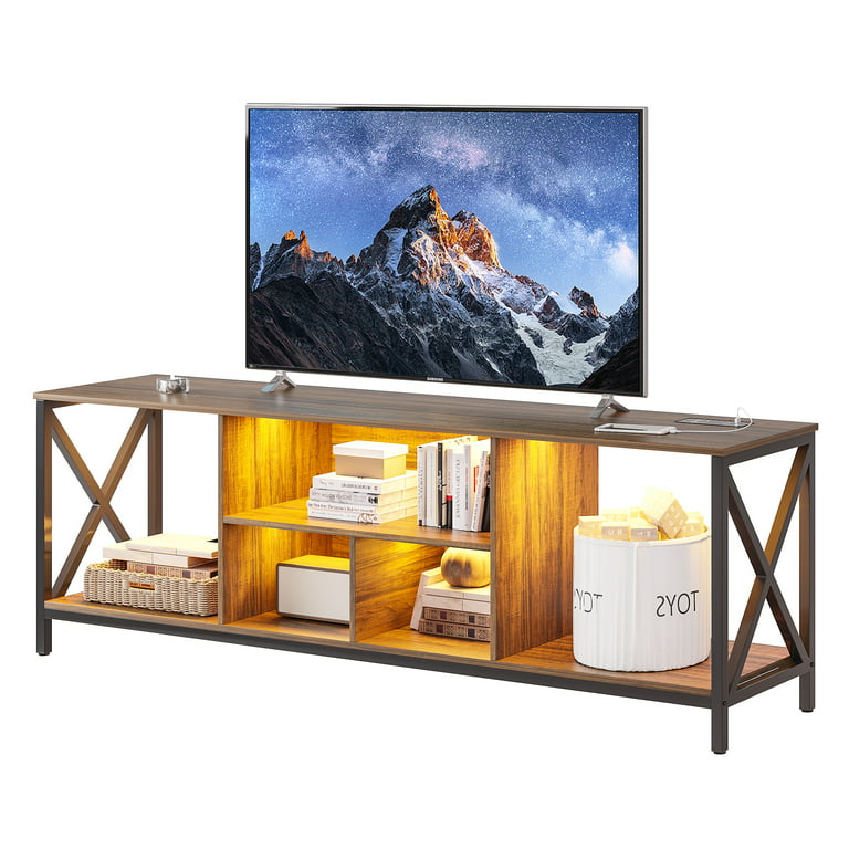 HNEBC LED TV Stand with USB/Wireless Charging Station,Television Stands  with Auto Induction/Adjustable LED Lights,TV Stand for 75+ inch TV and  Storage Cabinet Suitable for Living Room(Brown) 