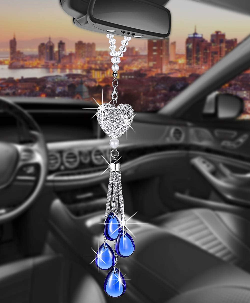 Sun Catchers Ornament Chain 10.63in Lucky Car Hanging Accessories for Women 2PCS Rhinestones Diamond Love Heart Bling Rear View Mirror Pendant Color : Gray 