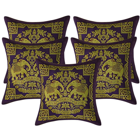 Stylo Culture Indian Zippered Brocade Purple And Gold Throw Pillow Covers 12x12 Jacquard Weave Banarasi Sofa Pillow Cases Elephant Floral 30x30 cm Decorative Cushion Covers (Set Of 5)