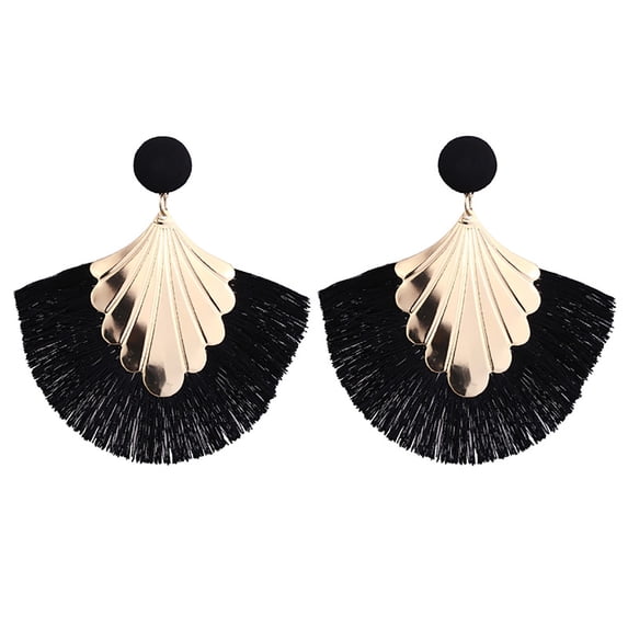 Grandest Birch 1 Pair Women Creative Bohemia Fringed Fan Shape Dangle Earrings Jewelry Gift for Party Metal Black