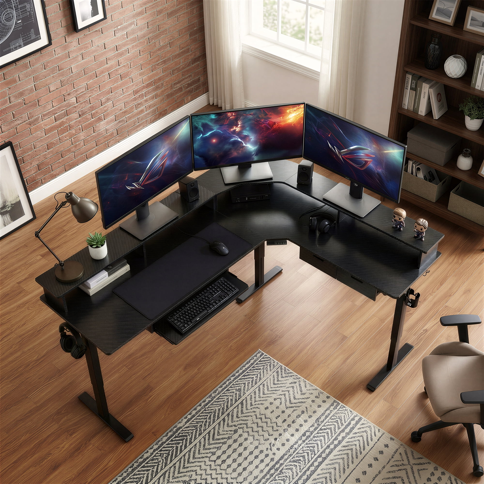 OKD 60" Electric Standing Desk with LED Strip & Power Outlets, L-Shaped Corner Desk with Shelves & Keyboard Tray, Adjustable Height Computer Desk, Carbon Fiber Black