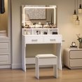 thumbnail image 6 of Vanity Desk with LED Lighted Mirror & Power Outlet, Makeup Vanities Table with 2 Drawers,Open Shelves, 3 Color Modes,Storage Bench,Dressing Table for Bedroom White, 6 of 7