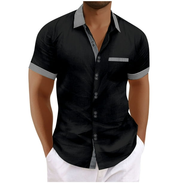 Mens Manga Corta Botón Abajo Camisas Bolsillo de Cuello Turndown de Negocios, Moda Algodón/Blusa de Mezcla de Lino