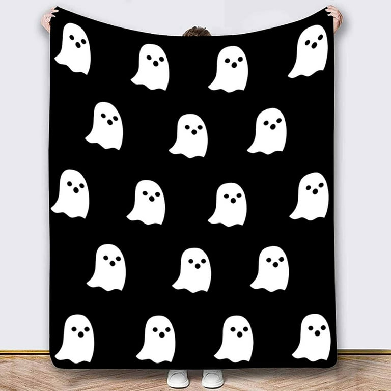 Halloween Woven top Throw Blanket: Black & Off White, Cute Kawaii Ghost