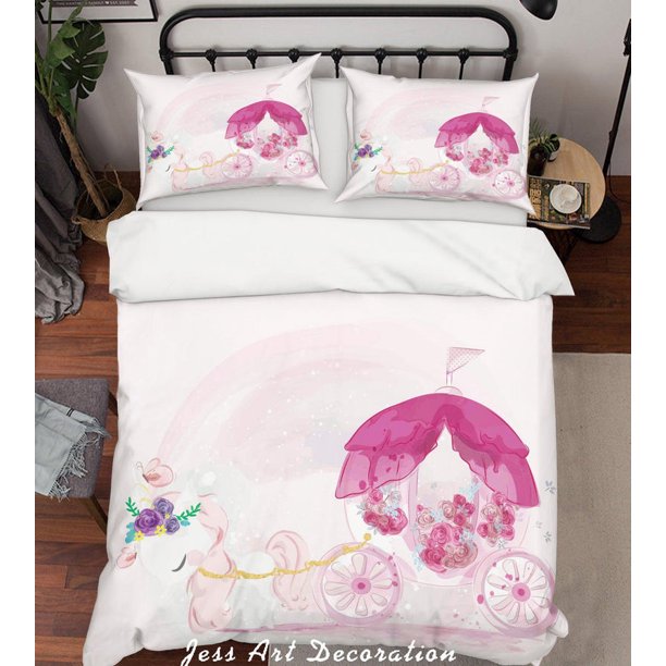 3D Rosa Acuarela Caballo Carruaje Funda de edredón Set Ropa de Cama Funda Nórdica