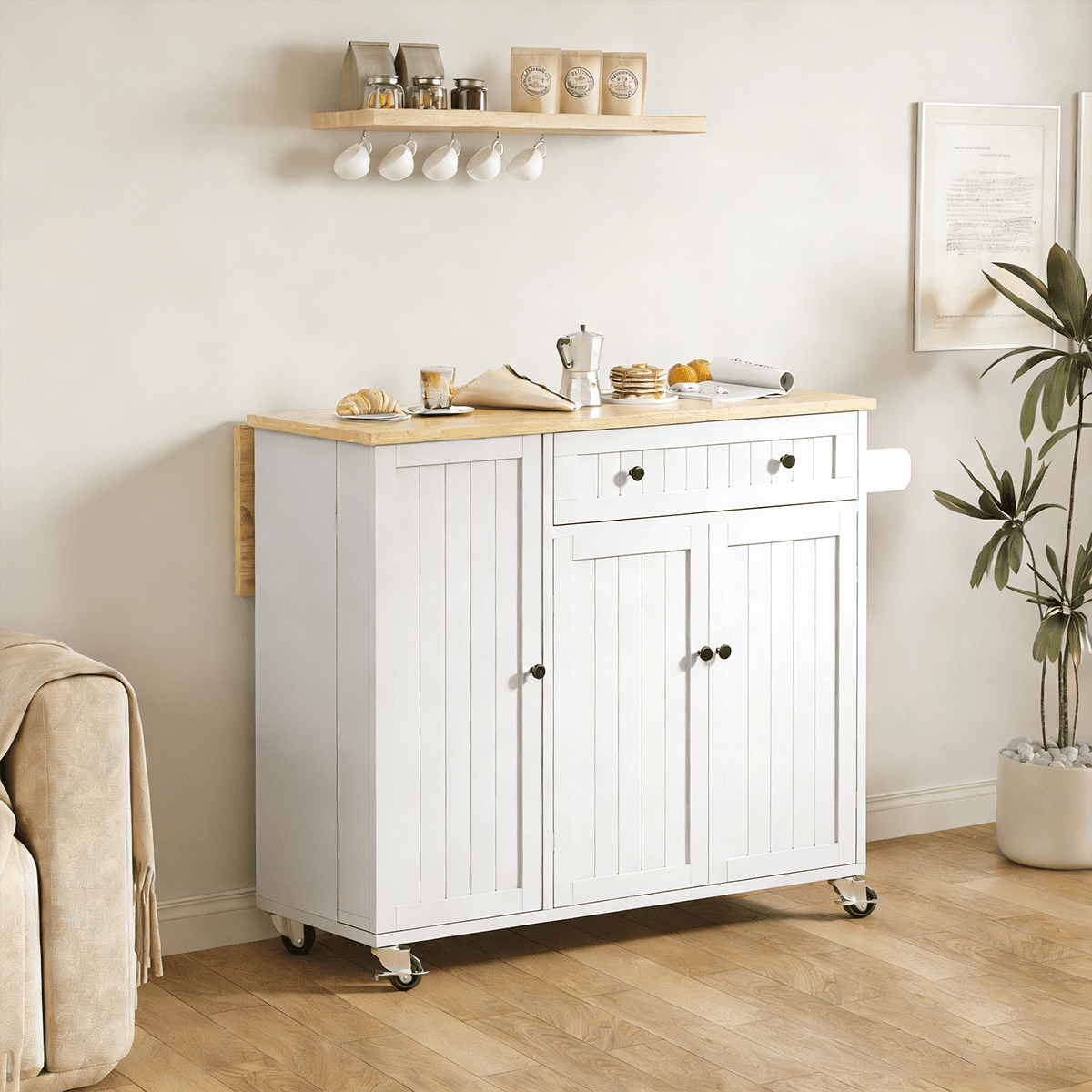 Frmobepts 41.3" Kitchen Island Cart Rolling Storage Cabinet Cart with Drawer & Rack,White