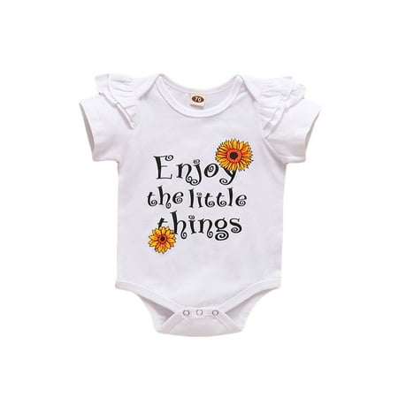 

JINSIJU Newborn Girl Short Sleeve Romper Sunflower Letter Printed Round Neck Ruffles Decor Sweet Bodysuit