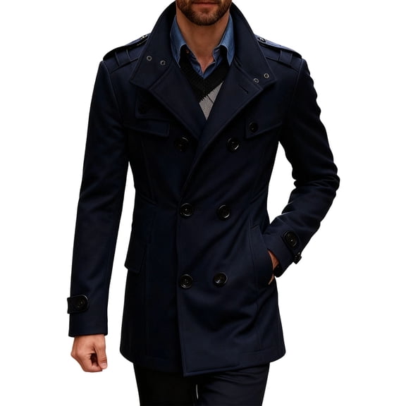 QSAWXQZ Men's Double Breasted Woolen Overcoat Long Sleeve Stand Collar Mid Length Outerwear with Pockets Navy L