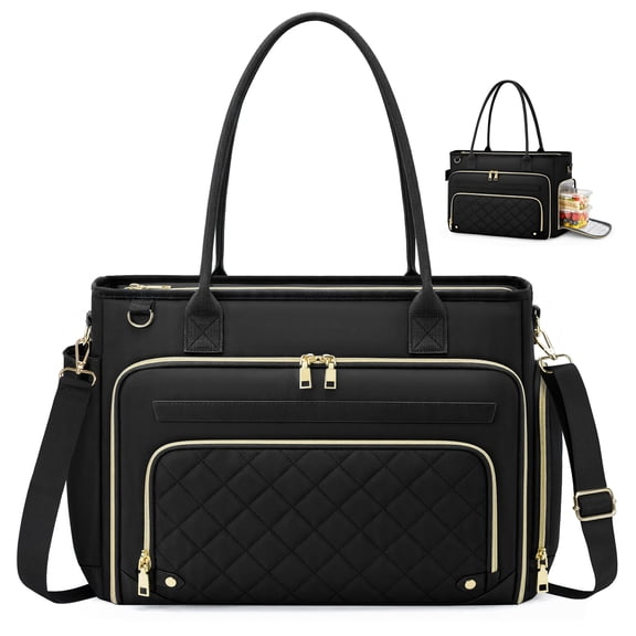 RAINSMORE Teacher Tote Bag with Insulated Lunch Compartment 15.6 inch Laptop Bag for Women with Cup Holder Large Lunch Tote Briefcase Nurse Work Bags,Black